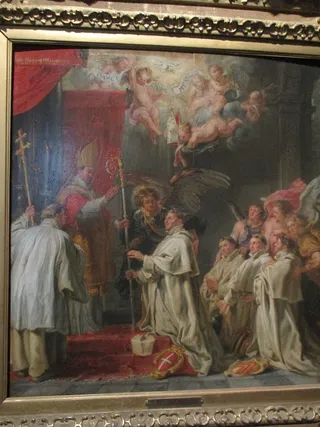 The archangel Michael supports the blessed Waltmann, who is being consecrated abbot by Saint Norbert