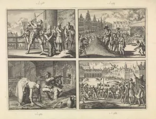 Johan van Oldenbarnevelt onthoofd, 1619 / Grote Markt te Frankfurt am Main tijdens de kroning van keizer Ferdinand II, 1619 / Man te Grosz-Gerau doodt zijn moeder met een bijl terwijl zij in de kelder een strobed maakt, 1616 / Boerenbruiloft door de vleeshouwers te Wenen voor keizer Matthias, 1613