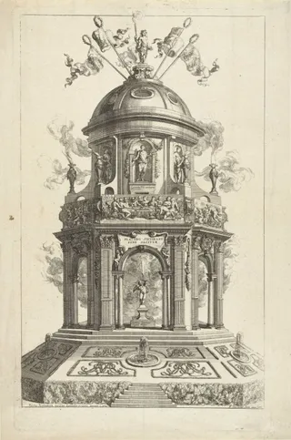 Erepoort met vuurwerk ter gelegenheid van het huwelijk tussen Maria Theresia van Oostenrijk en Frans Stefanus, 1736