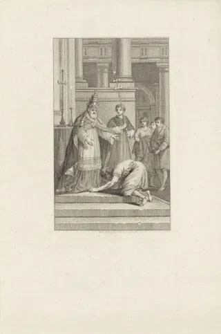 Keizer Frederik I Barbarossa kust de voeten van paus Alexander III