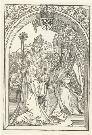 Roswitha van Gandersheim biedt keizer Otto I een exemplaar van haar boek aan