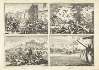 Soldaten strijden tegen katholieke studenten tijdens een oproer te Krakau, 1647 / Ontploffing van de kruittoren te Delft, 1654 / Aken brandt terwijl inwoners vluchten, 1656 / Schip van stuurman Ewoud Drouwert voor de monding van de Maas met in de verte een fata morgana van strijdende schepen, 1651