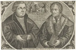 Dubbelportret van Martin Luther en Philipp Melanchthon met annunciatie