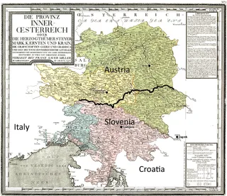 Annotated map of Inner Austria showing modern borders and countries