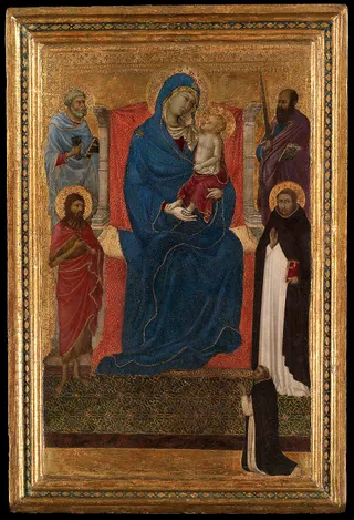 Thronende Madonna mit den heiligen Petrus, Paulus, Johannes der Täufer, Dominiks und einem Stifter
