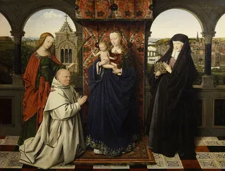 Maria und Kind mit der hl. Barbara, Elisabeth von Ungarn und Jan Vos. (Die Madonna mit dem Kartäuser)