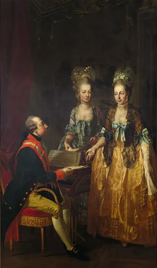 Kaiser Joseph II. (1741-1790) am Spinett mit seinen zwei Schwestern, den Erzherzoginnen Maria Anna (1738-1789) und Maria Elisabeth (1743-1808)