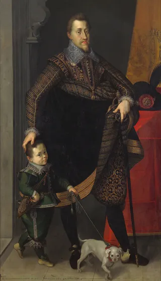 Kaiser Ferdinand II. (1578-1637) in ganzer Figur mit einem Hofzwerg