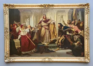 Friedrich Barbarossa 1157 zu Besançon, den Streit der Parteien schlichtend