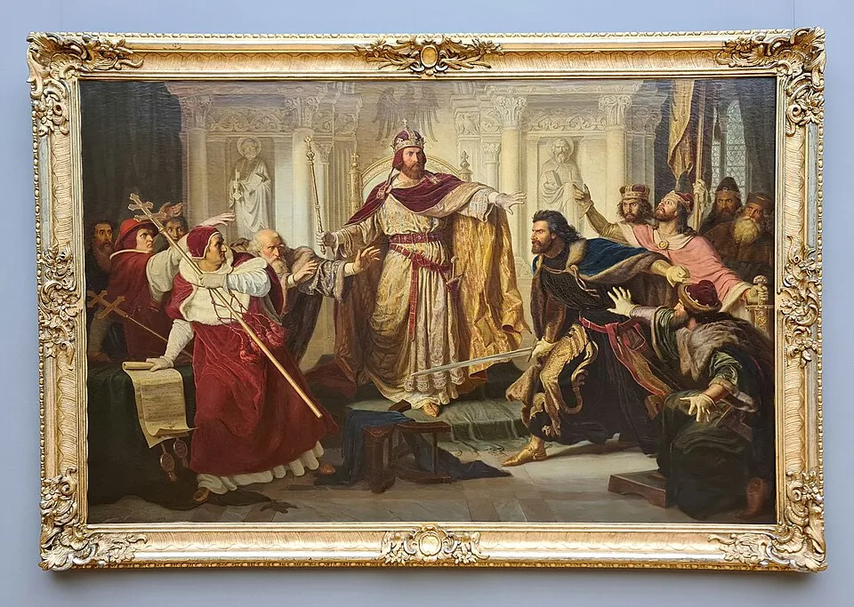 Friedrich Barbarossa 1157 zu Besançon, den Streit der Parteien schlichtend