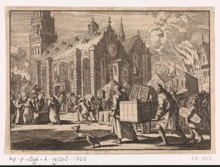 Inwoners van Spiers brengen in goed vertrouwen hun meubelen naar de Dom waar ze vervolgens door de Franse generaal Monclar worden verbrand, 1689