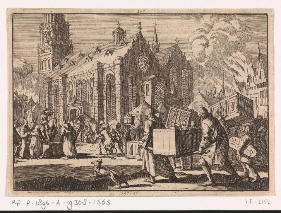 Inwoners van Spiers brengen in goed vertrouwen hun meubelen naar de Dom waar ze vervolgens door de Franse generaal Monclar worden verbrand, 1689