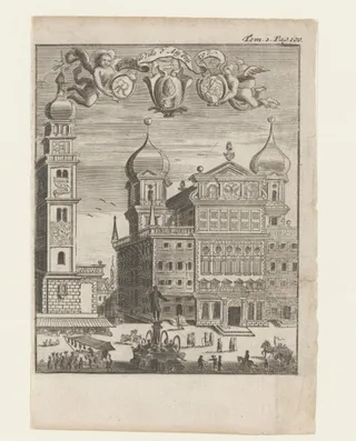 Gezicht op het stadhuis en de Perlachturm-toren, te Augsburg