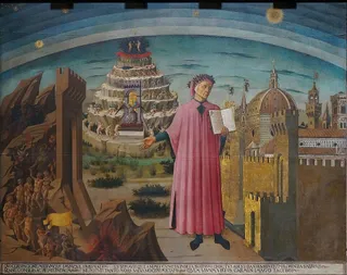 Dante Alighieri mit Florenz und den Reichen der Göttlichen Komödie(Hölle, Fegefeuer und Paradies)