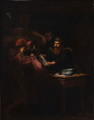 Gutenberg inventing the printing press in Strasbourg in 1436