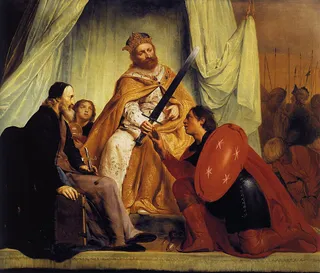 Emperor Barbarossa and the Patriarch of Jerusalem grant Haarlem the Crown above the City's Heraldic Shield