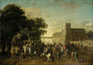 Prinz Moritz begleitet von Prinz Friedrich Heinrich, Friedrich V von Böhmen und dessen Frau Elisabeth Stuart und anderen im Buitenhof, Den Haag