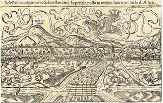 Ansicht von Schlettstadt (Holzschnitt aus Sebastian Münsters Cosmographia)