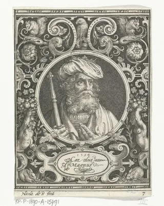 Portret van Karel de Grote in medaillon binnen rechthoekige omlijsting met ornamenten