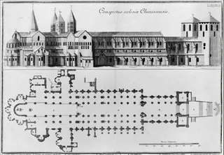 Grundriss und perspektivischer Aufriss der Abteikirche Cluny III