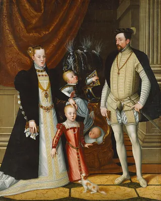 Maximilian II (1527-1576), seine Gemahlin Maria von Spanien (1528-1603), seine Kinder Anna (1549-1580), Rudolf (1552-1612), Ernst (1553-1595)