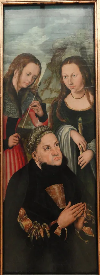 Kurfürst Friedrich der Weise von Sachsen mit den heiligen Ursula (links) und Genoveva (rechts)