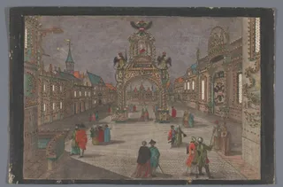 Gezicht op een triomfboog met een tweekoppige adelaar en een portretbuste van Jozef II, Duits keizer, te Frankfurt am Main