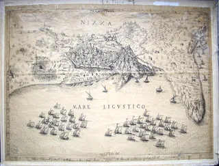 Siege by Ottoman and French fleets in 1543 before ramparts of Nice