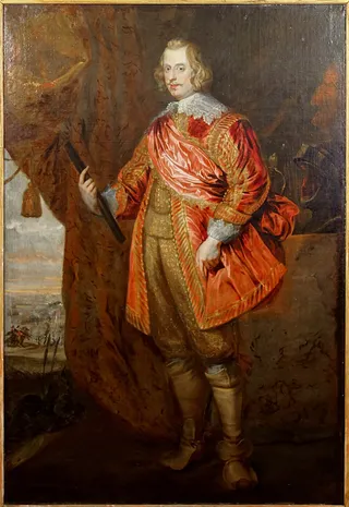 Portrait of Ferdinand of Austria (1609-1641), Cardinal-Infant of Spain, with the battle at Nördlingen beyond