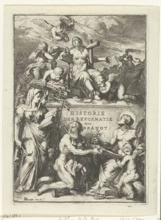 Titelprent voor deel 1 van 'Historie der Reformatie, en andre kerkelyke geschiedenissen, in en ontrent de Nederlanden' van Geeraert Brandt