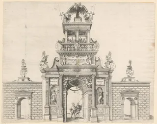 Triomfboog opgericht voor de intocht van keizer Maximiliaan II in Neurenberg in 1570