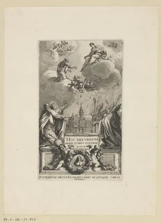 Karel de Grote en Lodewijk IX de Heilige met Kerkvaderen naast het model van de basiliek van Saint-Quentin