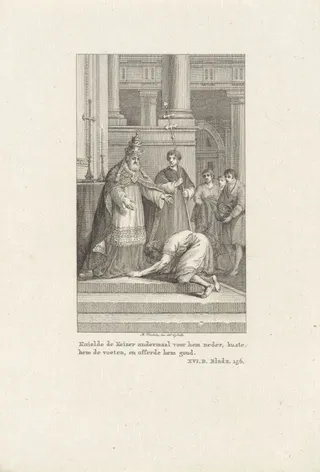 Keizer Frederik I Barbarossa kust de voeten van paus Alexander III