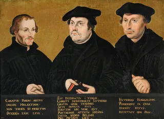 Philip Melanchthon (1497-1560), Martin Luther (1483-1546) and Johann Bugenhagen, called Dr Pommer (1485-1558)