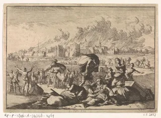 Aken brandt terwijl inwoners vluchten, 1656