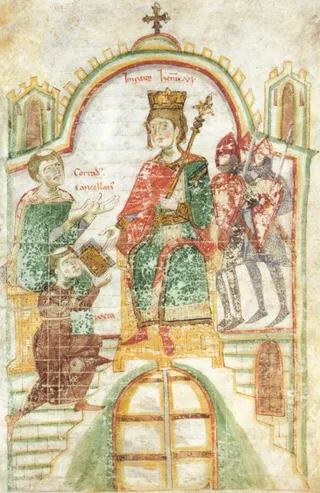 Petrus de Ebulo überreicht Kaiser Heinrich VI. sein Werk, begleitet von Kanzler Konrad von Querfurt
