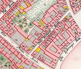 Peder Hvitfeldts Stræde seen on a detail from Gedde's map of Copenhagen, Denmark