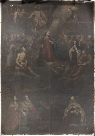 Kurfürst Maximilian I. von Bayern empfiehlt sich vor der Schlacht am Weißen Berg dem Schutz der Gottesmutter, der Heiligen Dreifaltigkeit und allen He