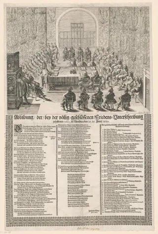 Abbildung der bey der völlig-geschlossenen Friedens-Unterschreibung gehaltenen Session, in Nürnberg den 26. 16. Junij 1650