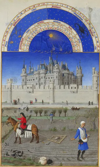 Oktober: Aussaat vor dem Louvre (Très Riches Heures du Duc de Berry)