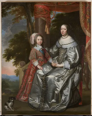Anne d'Autriche, régente de France, en deuil blanc, et son fils Louis XIV, en robe rouge, par Henri et Charles Beaubrun